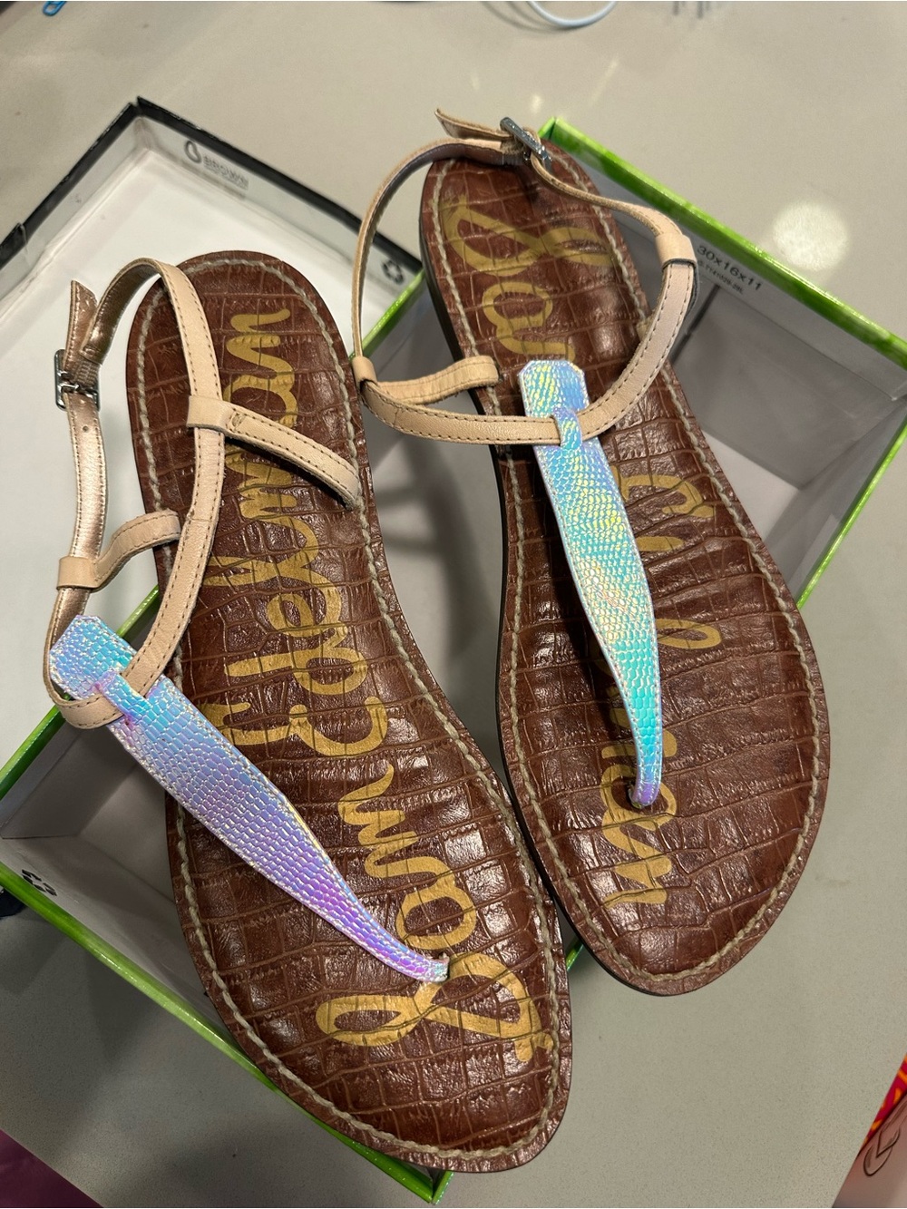 Sam Edelman Iridescent Multi-Color T-Strap Sandals with Beige Straps
